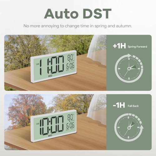 Image of JALL Large Digital Wall Clock Battery Operated, Wall Clock with Big Numbers LCD Display, Digital Clock with Simultaneous Date Day Temperature, Auto DST, Clocks for Office, Gym, Bedroom, Elderly- White