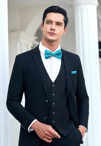Image of HISDERN Bow Ties for Men Solid Color Pre-Tie Bow Tie and Pocket Square Set Classic Formal Tuxedo Bowties for Wedding Party