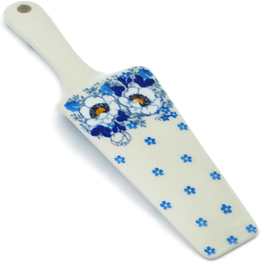 Polmedia Polish Pottery Authentic Polish Pottery Pie and Cake Server in Blue Spring Flower Design Handmade in Bolesławiec Poland by Ceramika Artystyczna + Certificate of Authenticity