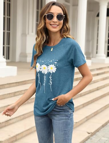 EADINVE Women Crewneck Daisy Print Short Sleeve T-Shirts Summer Faith-Hope-Love Tees Loose Fit Graphic Tops 20252