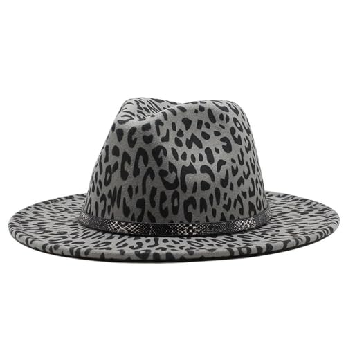 [GHCHZXG] Fengyan Wide Brim Winter Flat Wool Felt Fedora Jazz Hat, Leopard Grain Leather Vintage Panama Hats