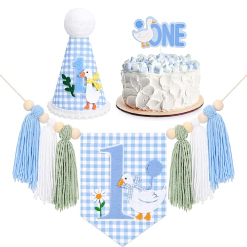 Image of Goose 1st Birthday Highchair Banner Goose Theme Blue Ginghams Tassel Banner Hat Cake Topper Highchair Photo Prop for Boy Birthday Party Decorations