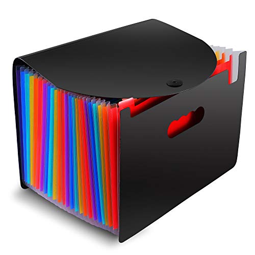 24 Pocket Expanding File Folder with Cover, Rubber Band Large Plastic Rainbow Expandable File Organizer Self Standing Accordion A4 Document Folder Wallet Briefcase Business Filing Box