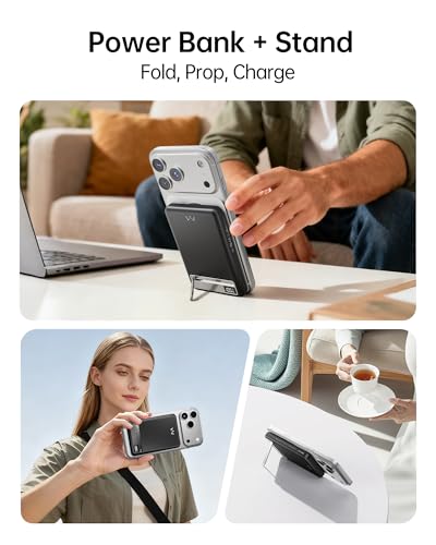 Image of iWALK Magnetic Wireless Power Bank 10000mAh, Slim Portable Charger with 20W PD Cable Fast Charging, Metal Kickstand, LED Display, MagSafe Compatible Battery Pack for iPhone 17 /16 /15 /14 /13 /12 Series