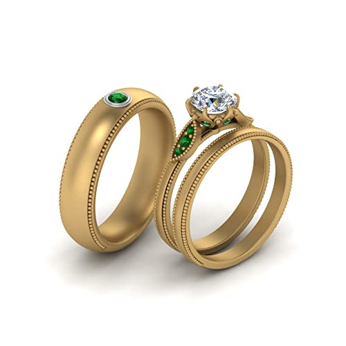 Image of Choose Your Gemstone Milgrain Matching Wedding Set for Couples Yellow Gold Plated Round Shape Wedding Ring Sets Matching Jewelry Wedding Jewelry Easy to Wear Gifts US Size 4 to 12