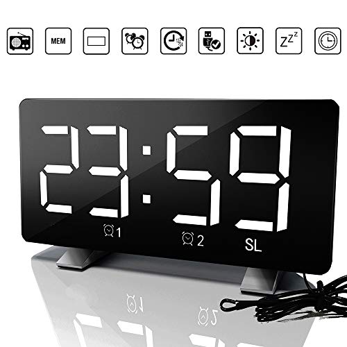 Frontoppy Réveil Numérique LED, Radio Réveil FM,Horloge à Grand Ecran Luminosité Réglable, Réveil Snooze USB avec 2 Alarmes 12 / 24H pour Chambre à Coucher et Bureau Mot Blanc (avec USB)