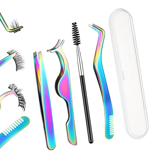 Layhit 5 Pcs Lash Applicator Tool Set Lash Tweezers for DIY Individual Lash Clusters Application and Removal Straight and Curved Eyelash Extension Tweezers with Storage Box and Eyebrush (Iridescence)