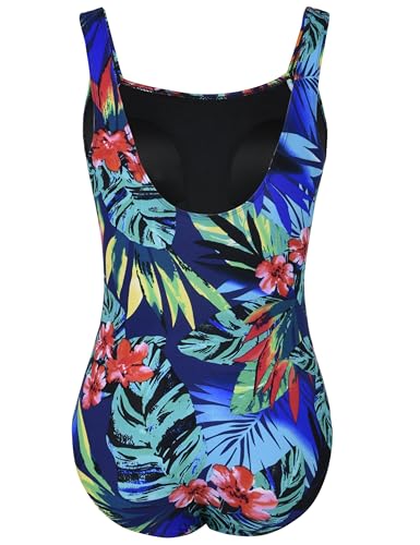 Firpearl Women's Retro One Piece Bathing Suit Ruched Tummy Control Swimsuit Red Blue Floral US10 - Thumbnail 6