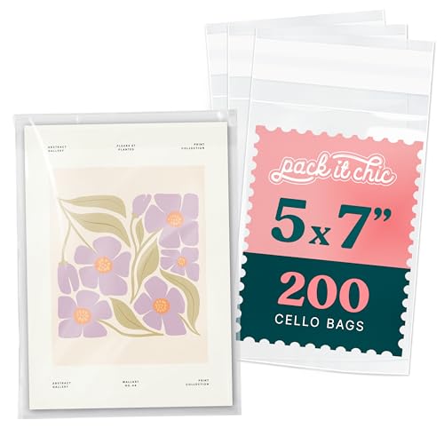 Pack It Chic - 5 X 7 Self Sealing Cellophane Bags (200 Pack) - Clear Plastic Photo Sleeves With Resealable Adhesive for 5X7 Prints Greeting Cards Envelopes and Gift Packaging