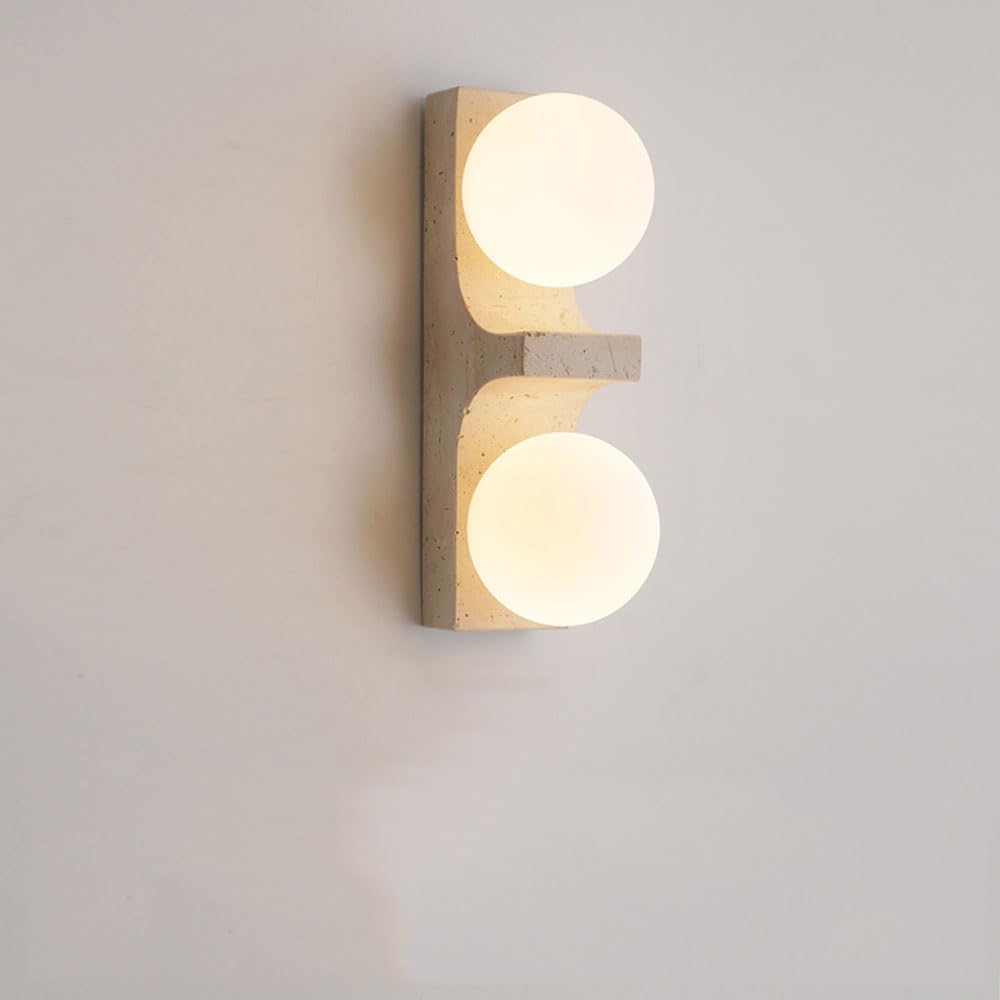 Lampa ścienna do sypialni, 2 światła, japoński styl wabi-sabi, matowy żółty trawertyn, białe szkło, styl wiejski, z litego drewna, mini, do sypialni, salonu, kuchni,