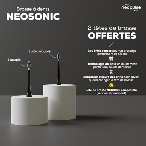 NEOPULSE® - Neosonic® – Elektrische Zahnbürste mit Schalltechnologie + 2 Bürstenköpfe – wiederaufladbar mit USB-C – 3 Monate Akkulaufzeit – 15 Einstellungen – Timer – kompatibel mit Neokids – Schwarz – Bild 4
