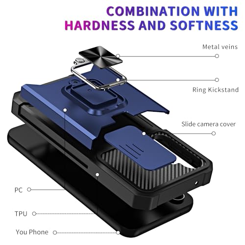 Image of LuxuryKase Shockproof Armor Case for Samsung Galaxy S26 Plus | Slide Camera Cover | Hidden Card Slot | Rotating Ring Kickstand | Magnetic Car Mount Support | Military Grade Protection - Blue