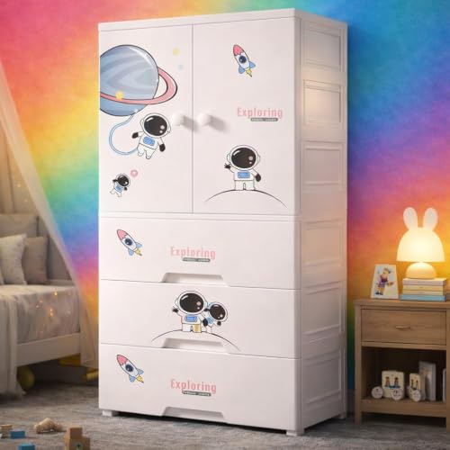 Image of Kids Plastic Collapsible Wardrobe Organizer for Storage with Drawers | Cute Cartoon Design | Heavy Duty Runner Rug Floor Mat Carpets Organizer Bedroom, Living Room (Starry-Sky, 1+3-Door)