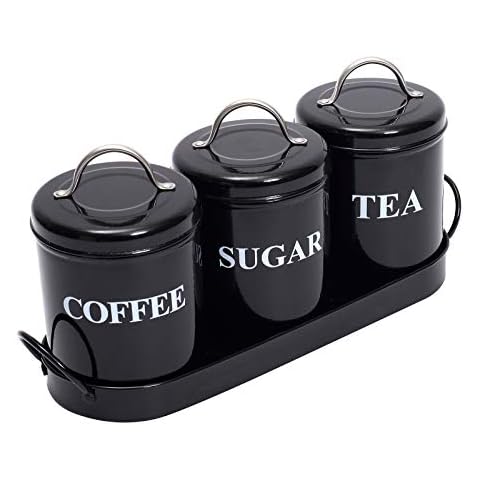 Xbopetda Tea Coffee Sugar Canisters, 3 Piece of Metal Food Storage Tin, Kitchen Canister Set with Metal Tray, Dry Food Storage Containers for Tea Coffee & Sugar-Black Cover