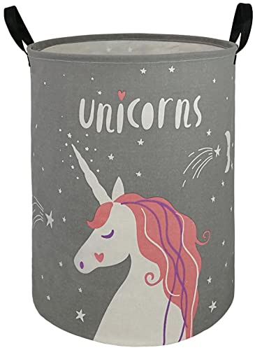 Image of Kids Laundry Hamper Clothes Gift Basket Storage Laundry Baskets Organizer Bin with Handles for Nursery Room (Grey Unicorn)
