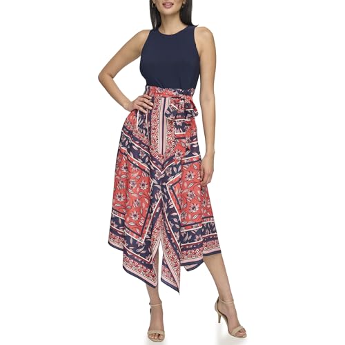 Image of Vince Camuto Women's Sleeveless High Neck Tie Waist Handkerchief Midi Dress
