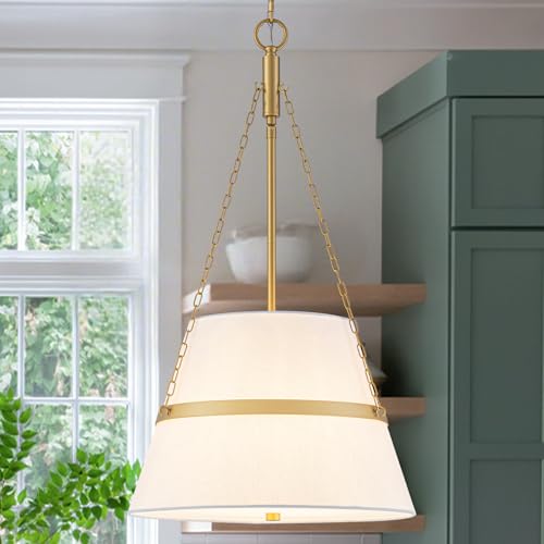 Modern Drum Chandeliers for Dining Room Gold and White Linen Pendant Light 15.35 4-Light Kitchen Chandelier over Table Adjustable Ceiling Hanging Light for Island Foyer Entryway Bedroom Living Room