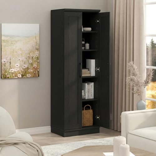 Image of Furinno Robin Storage Cabinet, 5-Tier Pantry Cabinet with Adjustable Shelves, 23W with 2 Shaker-Doors, Kitchen Cabinet, Organization and Storage, for Pantry, Living Room, Home Office, Black Woodgrain