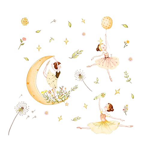 Ballet Dancing Girl Wall Art Decals Star Moon Wall Stickers For Kids Peel And Stick Removable Wall Decals Diy Decorations Decor For Nursery Baby Girls Bedroom Playroom (Color 1) #TOP2