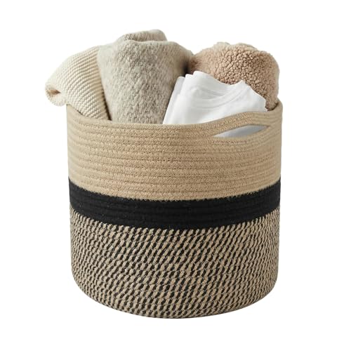 Woven Cotton Rope Laundry Basket 21L Round Blanket Basket with Handle Dirty Clothes Basket Toy Storage Decorative Plant Pots Indoor Plant Baskets Indoors for Home Office 30x30cm (Black Brown)