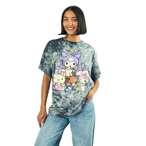 Kuromi, My Melody and Hello Kitty Puff Print Mushroom Scene Women's Black Cloud Wash Crew Neck Short Sleeve T-Shirt2