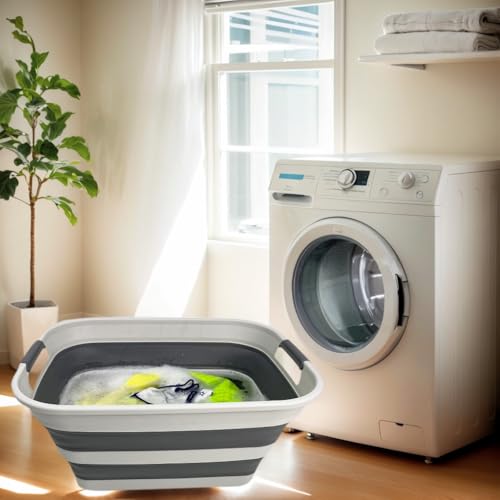 Image of SMMART Collapsible Plastic Laundry Basket with Handle /Foldable Pop Up Storage Hamper /Portable Laundry Organizer-Space Saving Washing Tub /Household Storage Supplies (Grey /Steel Grey, 27L)