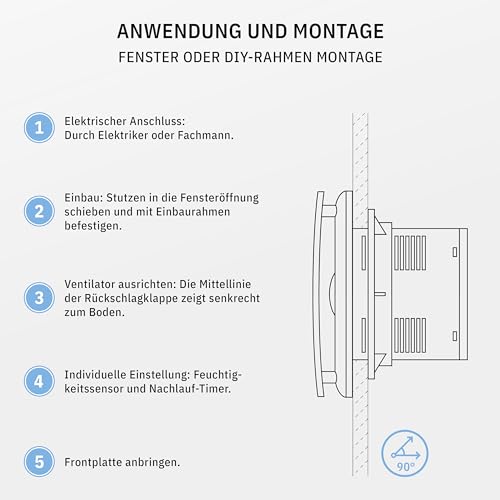 calimaero® BREEZE Badlüfter 150mm Mit Nachlauf Und Rückstauklappe, Badlüfter Mit Feuchtigkeitssensor, Energieeffizient, Leise, Kunststoff 18W, 240m³/h, 35db, Ipx4