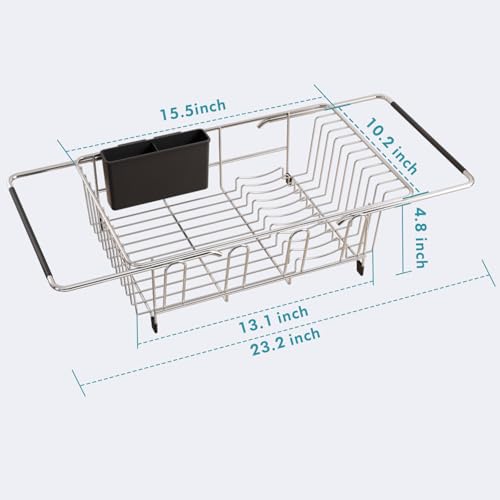 JASIWAY Stainless Steel Dish Rack - Expandable, Over-Sink/In-Sink, Dish Dryer Rack for Kitchen Counter, Holds 8 Plates, Silver