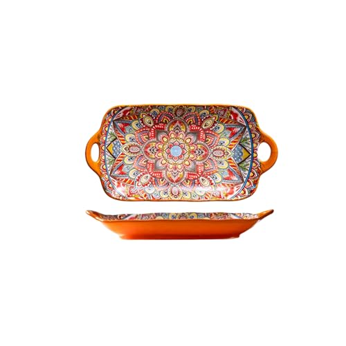 Coolcapis Serving Tray With Handles Rectangular Serving Platter Ceramic Extra Large Plates & Dishes Rectangle (Sunset Fiesta)