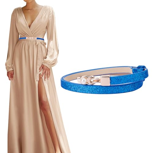 TINIDI Women Thin Belt Leather Belt Leather Skinny Bling Belt Thin Waist Belts for Dresses up to 42 Inch with Pearl Buckle