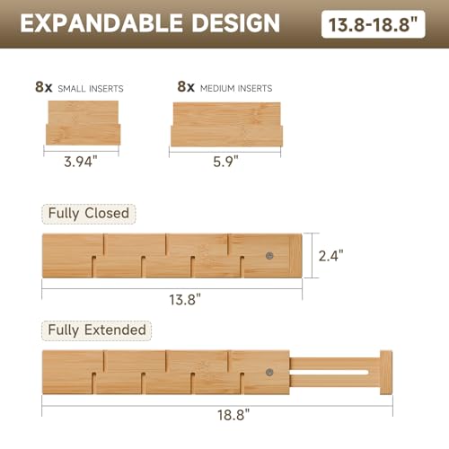 Vellzeyce Kitchen Drawer Organizer, Expandable Bamboo Drawer Divider, Include 8 Dividers, 8 Small Inserts and 8 Medium Inserts for Home, Office, Dressers (Short-8 Dividers)
