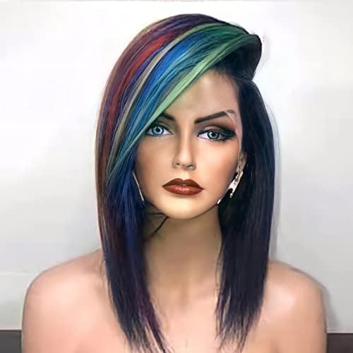 Lace Front Colorful Rainbow Wigs, Straight Fiber Synthetic Short Colored Wigs Neon Fun Costume Cosplay Hair Wigs for Women Kids Girls Party -11 In…