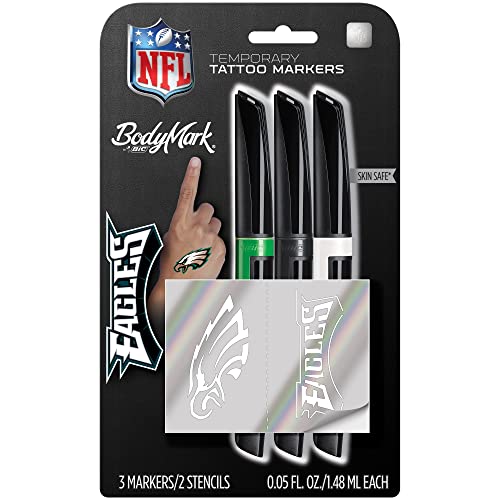 Bodymark By Bic, Temporary Tattoo Marker, Nfl Series, Philadelphia Eagles, Skin Safe, Brush Tip, Assorted Colors, 3-Pack With Stencils #TOP10