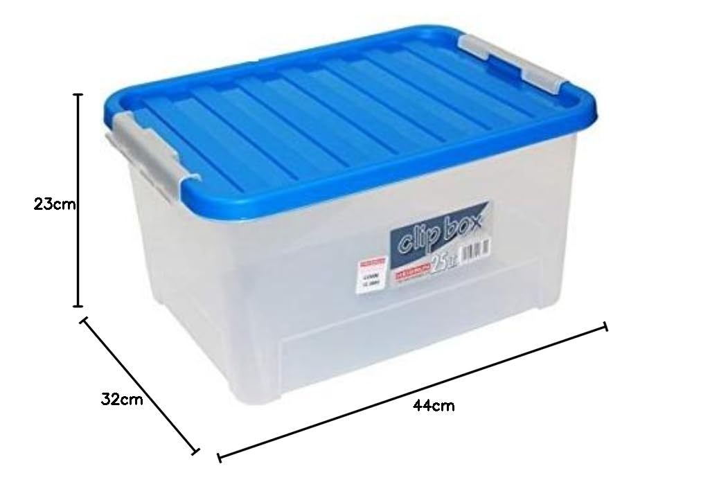 Heidrun - Caja de almacenaje con tapa (6 unidades, 25 L, 44 x 32 x 23 cm), transparente con tapa de colores