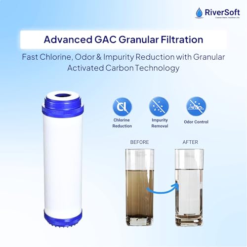 Image of RiverSoft Prefilter Assembly Granular with Activated Carbon (GAC) Filter with Housing - Reduces Chlorine, Odors. (3 /4 inch Inlet /Outlet, Blue, PP)