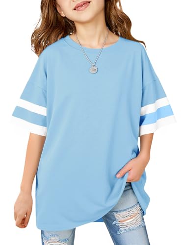Image of Girls Oversized T Shirts Kids Summer Striped Short Sleeve Tops Casual Crewneck Tees 5-14 Years