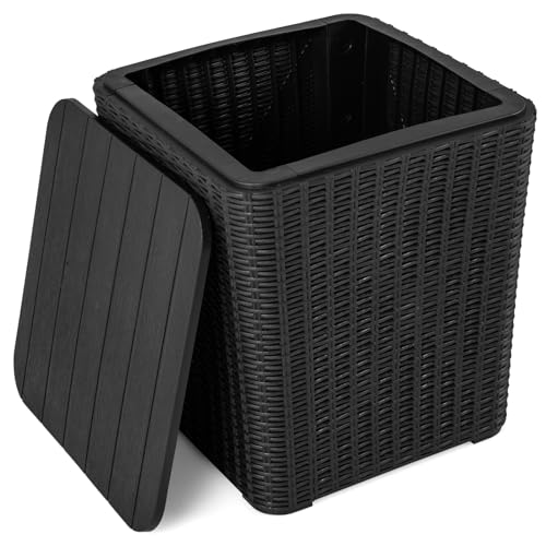 Giantex 11.5 Gallon Deck Box Outdoor Side Table with Removable Lid Faux Wicker-Woven 330Lbs Capacity Outside Waterproof Storage Box Resin Rattan Small Coffee Table for Patio Poolside (Black)