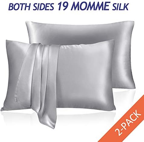 LULUSILK Mulberry Silk Pillowcase for Hair and Skin, 19 Momme Anti Wrinkle Silk Pillow Case Cover with Hidden Zipper, Silvergrey, King Size, Pack of 2