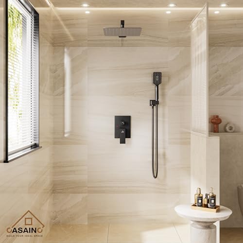 CASAINC Sistema de Ducha 12 Pulgadas Alta Presión, Negro Mate, Montaje de Pared, Cabezal de Ducha Cuadrado con Spray de Mano, Combo Completo con Válvula Antiescaldado miniatura 2