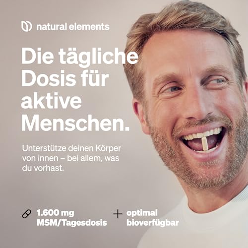 natural elements MSM Kapseln - 180 vegane Kapseln - Laborgeprüfte 1600mg Methylsulfonylmethan (MSM) Pulver pro Tagesdosis - Ohne Magnesiumstearat, hochdosiert und in Deutschland produziert