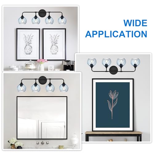 Image of MELUCEE Bathroom Light Fixtures Black Vanity Light with Blue Striped Swirl Glass Shade, 4 Light Modern Wall Light Fixtures for Mirror Kitchen Living Room Bedroom Hallway