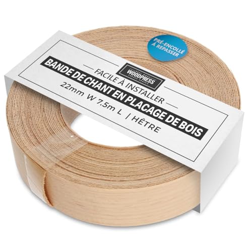 WoodPress® 22 mm Bois de Hêtre Véritable Bande de Chant en Placage Préencollé – Rouleau de 7,5 m – Application à Repasser facile à faire soi-même, couvre le bord d'un panneau MDF standard