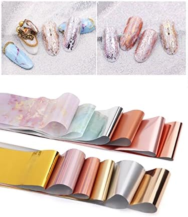Yokilly 12 Rolls Nail Foil Transfer Sticker,10 Rolls Metallic Color Nail Holographic Paper 2 Rolls Marble Series Nail Foils Nail Art Adhesive Sticker for Manicure Gel DIY Nails Tips Decorations