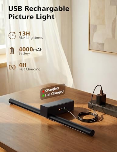 VOLISUN 15.7\'\' Picture Lights for Wall, 4000mAh Rechargable Picture Light Battery Operated, 3 Color Temperatures & Stepless Dimmable, 145LM Art Light for Paintings, Gallery, Portrait, 1 Pack (Black)