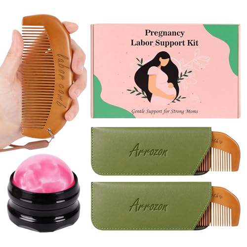 Image of Arrozon 2 Pcs Labor Comb & Massage Roller Ball Kit, Birthing Pregnancy and Hospital Bag Must Haves, PostPartum Home Delivery Essentials, Wooden Birth Comb Pain Relief Baby Shower Gifts for Mom