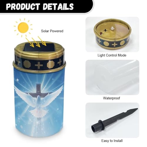 Image of Poceacles Cross Outdoor Solar Lights - Waterproof Grave Stake Lights - Solar Powered Lantern - Blue Dove of Peace Cross