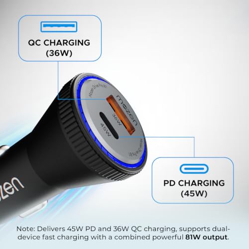 Image of MOZEN by Amkette 81W Dual Output Fast Car Charger with Type-C PD & USB, LED Indicator, Compatible with All Cars for iPhone & Android Smartphone, Smartwatch, Earbud, Power Bank (Black)