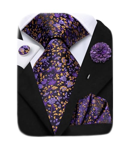 Image of Hi-Tie Purple Gold Neck Ties for Men Jacquard Woven Necktie Lapel Pin Pocket Square Cufflinks Sets Formal Business Wedding