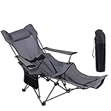 NURTUDIS Camping Lounge Chair,Folding Reclining Camping Chair, Portable Camping Chair with Footrest,Storage Bag & Headrest, Mesh Recliner, 330lbs Weight Capacity (Gray)