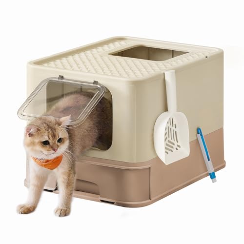 Feandrea Lettiera per Gatti Nascosta, Casetta per Lettiera, Vassoio Estraibile, Paletta, Spazzola, Ampio per Gatti Grandi, Portata 15 kg, Meno Tracce, Beige Sabbia e Marrone Cammello PPT001LJ02